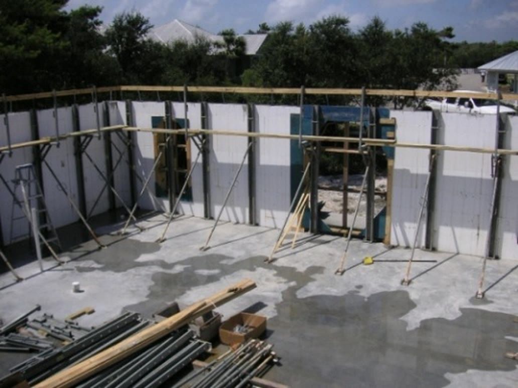 Braced ICF foam-block walls standing ready for their concrete pour